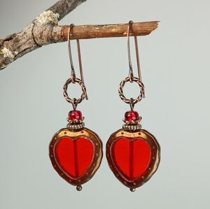 HAND CRAFTED Red Artisan Glass Copper Heart Valentine Dangle Earrings